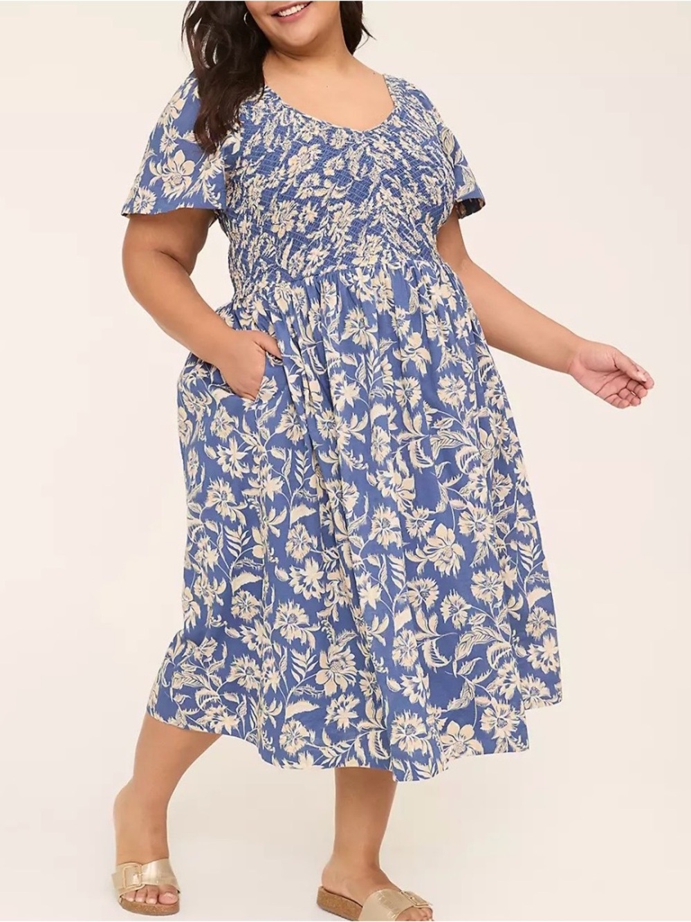 Lane Bryant Size 18/20 Blue Floral Smocked Bodice Flutter Sleeve Midi Sun Dress